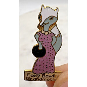 Foxy Bowling Grandmother Lapel Hat Pin Badge Vintage RARE